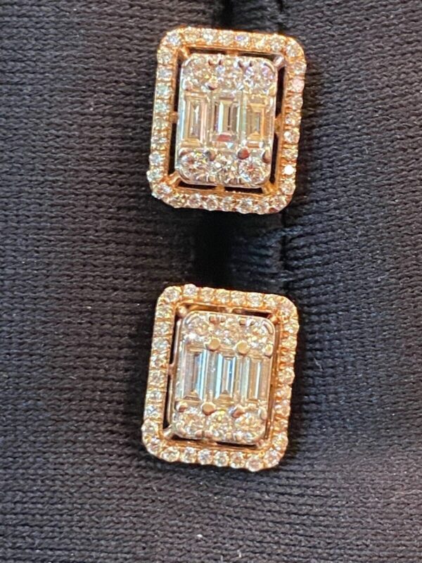 Pave 1.10 Cts Round Baguette Cut Natural Diamonds Stud Earrings In 585 14K Gold