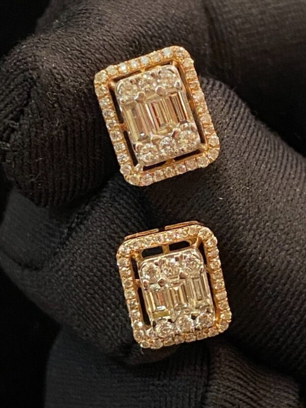 Pave 1.10 Cts Round Baguette Cut Natural Diamonds Stud Earrings In 585 14K Gold