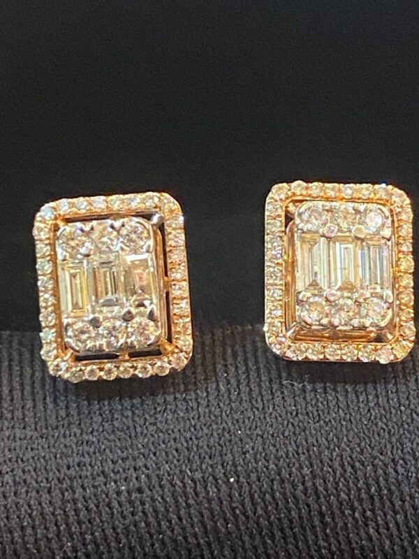 Pave 1.10 Cts Round Baguette Cut Natural Diamonds Stud Earrings In 585 14K Gold