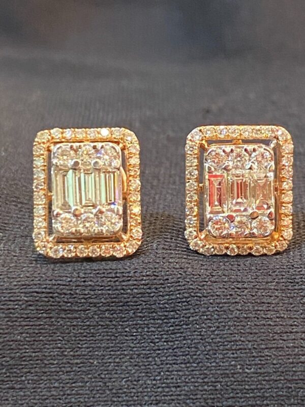 Pave 1.10 Cts Round Baguette Cut Natural Diamonds Stud Earrings In 585 14K Gold