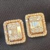 Pave 1.10 Cts Round Baguette Cut Natural Diamonds Stud Earrings In 585 14K Gold