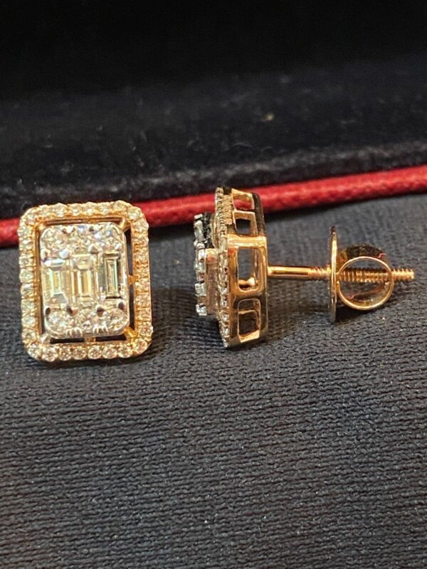 Pave 1.10 Cts Round Baguette Cut Natural Diamonds Stud Earrings In 585 14K Gold