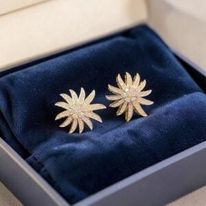 Pave 1.08 Cts Round Brilliant F/VS1 Diamonds Sunburst Stud Earrings In 14K Gold