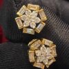 E-650 (1) Pave 1.32 Cts Round Baguette Cut Natural Diamonds Stud Earrings In 585 14K Gold