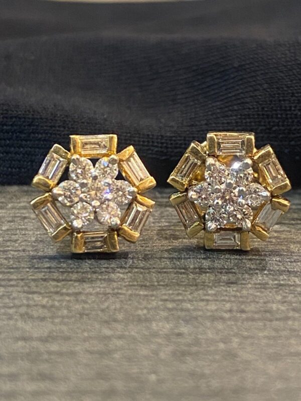 E-650 (11) Pave 1.32 Cts Round Baguette Cut Natural Diamonds Stud Earrings In 585 14K Gold