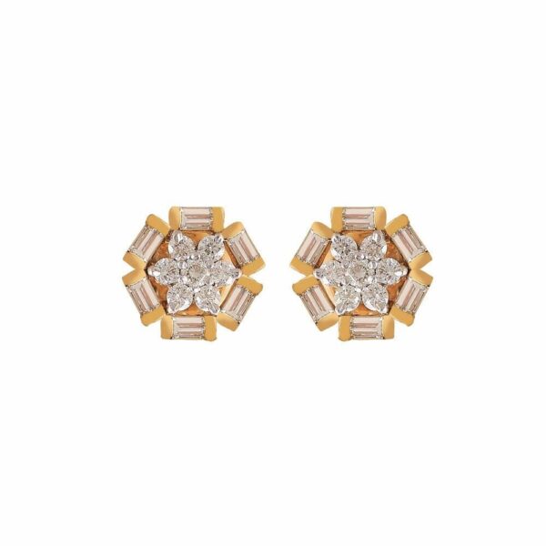 E-650 (13) Pave 1.32 Cts Round Baguette Cut Natural Diamonds Stud Earrings In 585 14K Gold