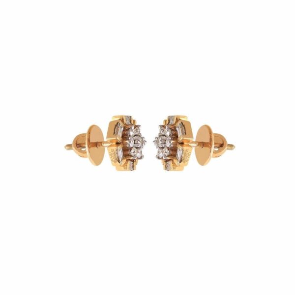 E-650 (15) Pave 1.32 Cts Round Baguette Cut Natural Diamonds Stud Earrings In 585 14K Gold