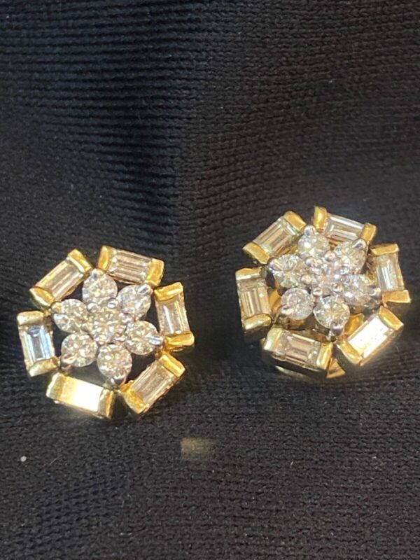 E-650 (3) Pave 1.32 Cts Round Baguette Cut Natural Diamonds Stud Earrings In 585 14K Gold
