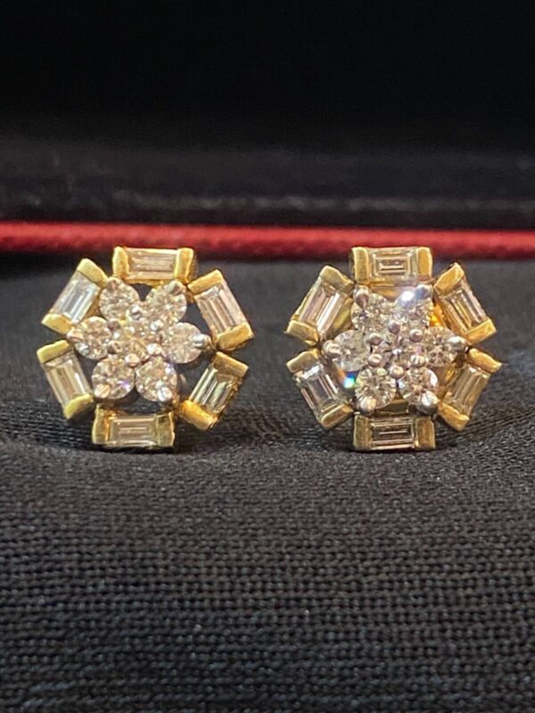 E-650 (9) Pave 1.32 Cts Round Baguette Cut Natural Diamonds Stud Earrings In 585 14K Gold