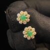 Pave 1.30 Cts Round Brilliant Cut Diamonds Emerald Stud Earrings In 750 18K Gold