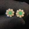 Pave 1.30 Cts Round Brilliant Cut Diamonds Emerald Stud Earrings In 750 18K Gold