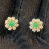 Pave 1.30 Cts Round Brilliant Cut Diamonds Emerald Stud Earrings In 750 18K Gold