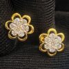 E-663 (3) Stunning 0.38 Cts Round Brilliant Cut Diamonds Floral Stud Earrings In 18K Gold