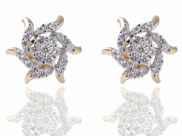 Pave 0.95 Carats Round Brilliant Cut Diamonds Sun Rays Stud Earrings In 18K Gold