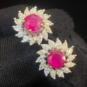 E-698 (1) 3.11 Cts Marquise Cut Natural Diamonds Ruby Floral Stud Earrings In 585 14K Gold