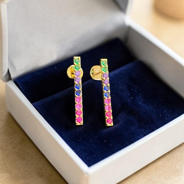 E-743 (22) 1.60 Ct Emerald Ruby Sapphire Amethyst Tourmaline Rainbow Stud Earrings 18K Gold