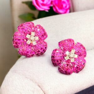 E-752 (7) 9.86 Cts Round Brilliant Diamonds Princess Cut Ruby Stud Earrings 18K Yellow Gold