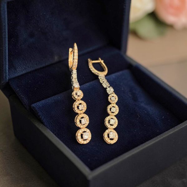 Pavé 1.77 Cts Round Brilliant F/VS1 Diamonds Halo Dangle Earrings 14K Rose Gold