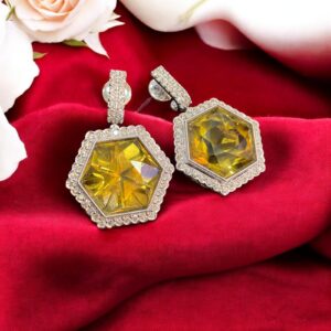 E-780 (17) 4.30 Cts Round Brilliant Cut Diamonds Citrine Party Dangle Earrings in 18K Gold