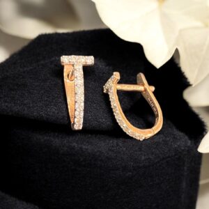 E-800 (12) Pave 0.40 Cts Round Brilliant Cut Natural Diamonds Hoop T Earrings 14K Rose Gold