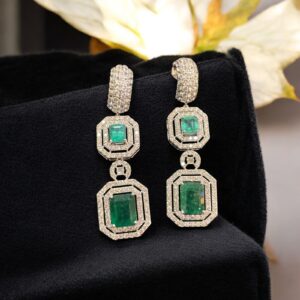 E-801 (19) 13.41 Cts Round Brilliant Cut Diamonds Emerald Sapphire Dangle Earrings 14K Gold