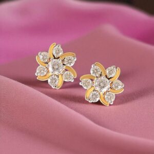 E-805-Z (10) Magnificent 0.88 Cts Round Brilliant Cut Diamonds Floral Stud Earrings 18K Gold