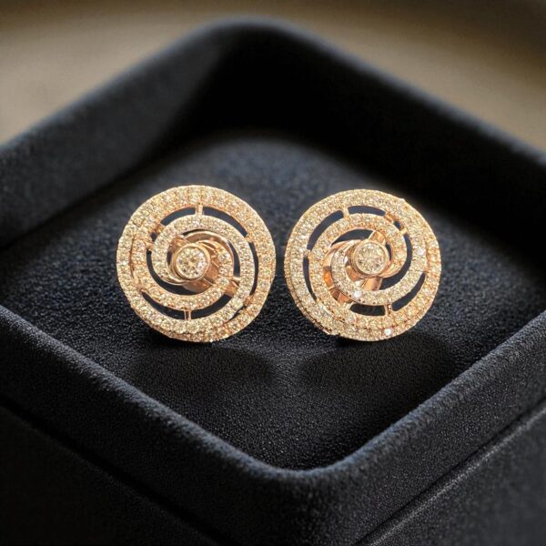 Pave 1.69 Cts Round Brilliant Cut Diamonds Whirlpool Stud Earrings 14K Rose Gold