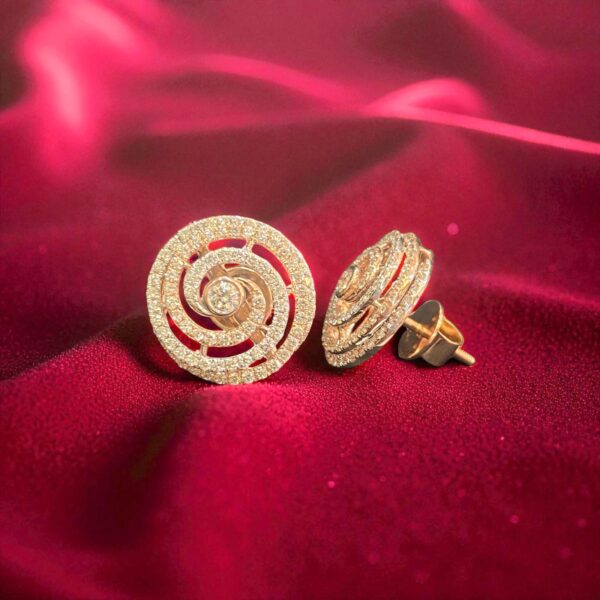 Pave 1.69 Cts Round Brilliant Cut Diamonds Whirlpool Stud Earrings 14K Rose Gold