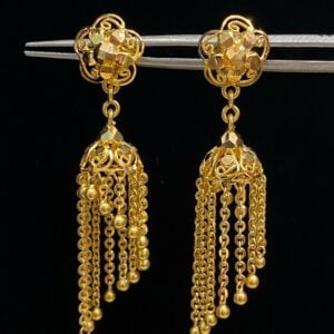 Stunning Dubai Handmade Ethnic Jhumki Stud Earrings In 750 Solid 18K Yellow Gold