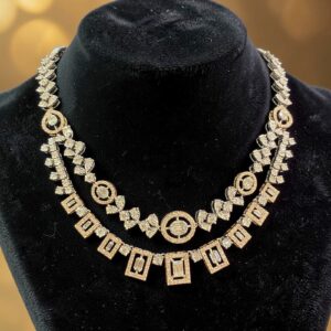 Pave 5.31 Cts Round Baguette Shape F/VS1 Diamonds Necklace 14K Multi-Tone Gold