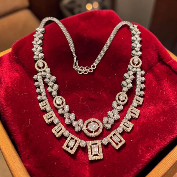 Pave 5.31 Cts Round Baguette Shape F/VS1 Diamonds Necklace 14K Multi-Tone Gold