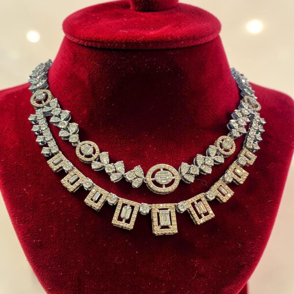 Pave 5.31 Cts Round Baguette Shape F/VS1 Diamonds Necklace 14K Multi-Tone Gold