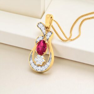 1.20 Cts F/VS1 Round Brilliant Cut Natural Diamonds Ruby Necklace 14K Yellow Gold