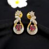 Pave 0.90 Cts F/VS1 Round Brilliant Cut Diamonds Ruby Dangle Earrings 14K Gold