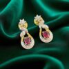 Pave 0.90 Cts F/VS1 Round Brilliant Cut Diamonds Ruby Dangle Earrings 14K Gold