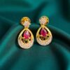 1 Carats F/VS1 Round Brilliant Cut Diamonds Ruby Dangle Earrings 14K Yellow Gold