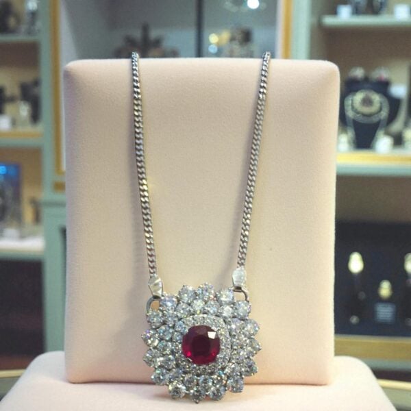 N-093 (16) Beautiful 6.86 Cts Round Brilliant Cut Diamonds Ruby Pendant Necklace 14K Gold