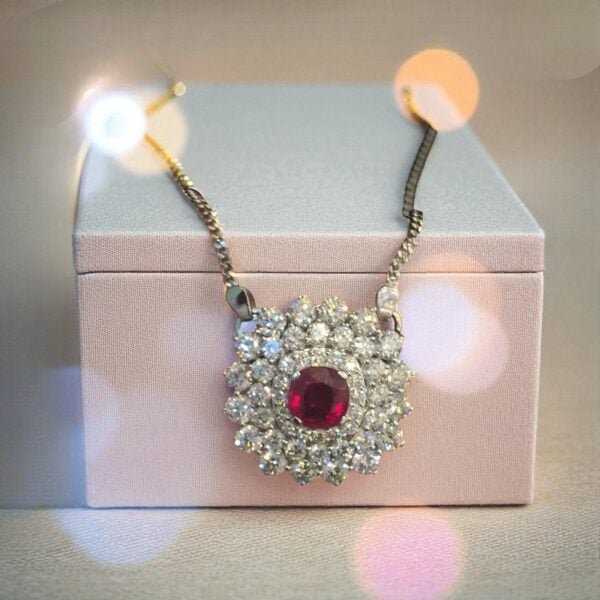 N-093 (18) Beautiful 6.86 Cts Round Brilliant Cut Diamonds Ruby Pendant Necklace 14K Gold