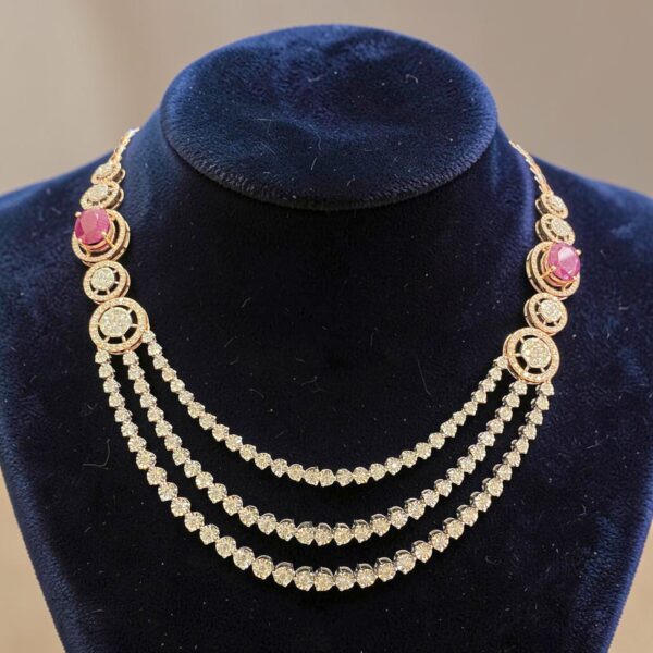 N-108 (16) 12.30 Cts Round Brilliant F/VS1 Diamonds Ruby 3-Strand Tennis Necklace 14KT Gold