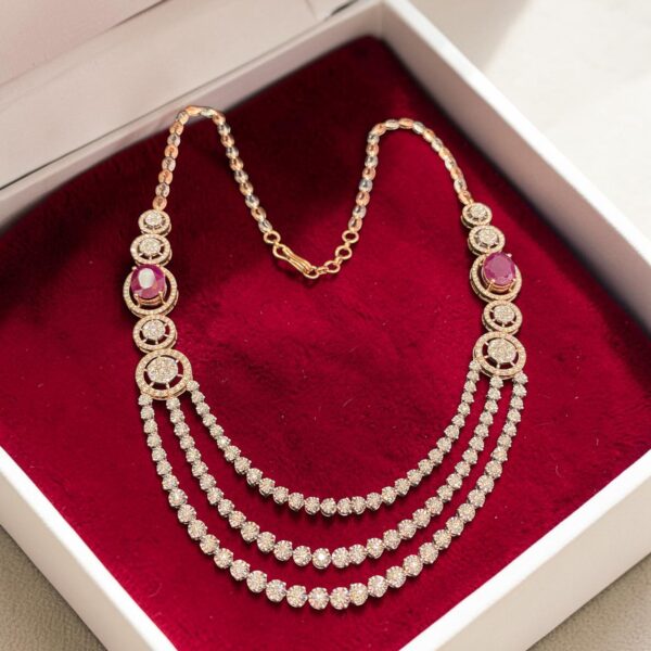 N-108 (21) 12.30 Cts Round Brilliant F/VS1 Diamonds Ruby 3-Strand Tennis Necklace 14KT Gold