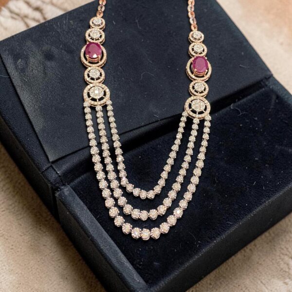 N-108 (22) 12.30 Cts Round Brilliant F/VS1 Diamonds Ruby 3-Strand Tennis Necklace 14KT Gold