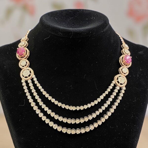 N-108 (24) 12.30 Cts Round Brilliant F/VS1 Diamonds Ruby 3-Strand Tennis Necklace 14KT Gold