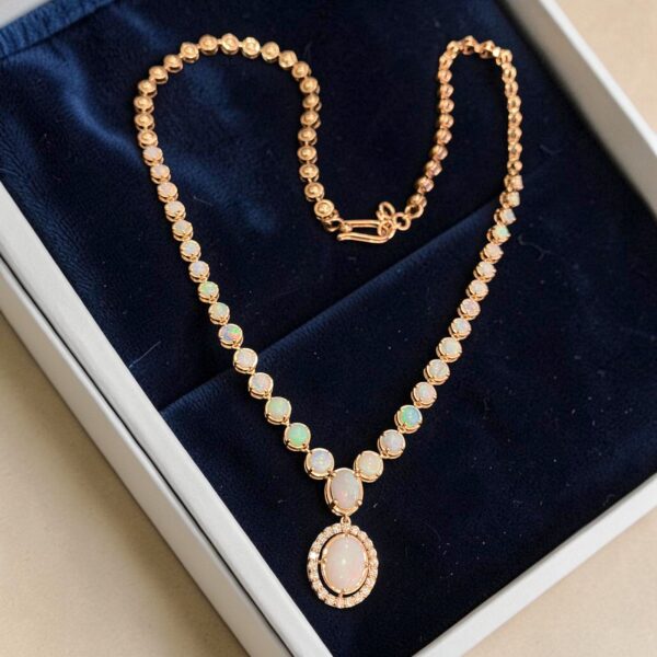 N-109 (22) Classy 5.47 Cts Round Brilliant F/VS1 Diamonds Australian Opal Necklace 14K Gold