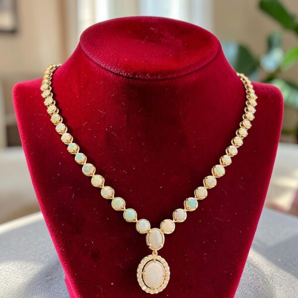 N-109 (24) Classy 5.47 Cts Round Brilliant F/VS1 Diamonds Australian Opal Necklace 14K Gold