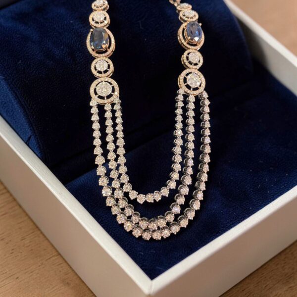11.40 Cts Round Brilliant F/VS1 Diamonds Blue Sapphire Tennis Necklace 14KT Gold