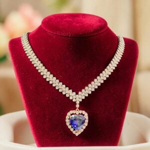 14.99 Cts Round Brilliant F/VS1 Diamonds Blue Sapphire Necklace In 14K Rose Gold