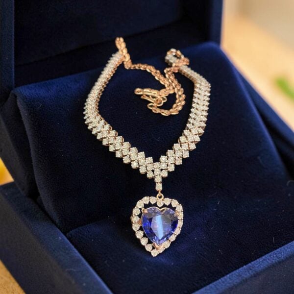 14.99 Cts Round Brilliant F/VS1 Diamonds Blue Sapphire Necklace In 14K Rose Gold