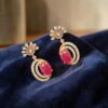N-488-E (20) Pave 3.09 Cts Round Brilliant F/VS1 Diamonds Ruby Dangle Earrings 14K Rose Gold