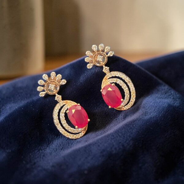 N-488-E (20) Pave 3.09 Cts Round Brilliant F/VS1 Diamonds Ruby Dangle Earrings 14K Rose Gold