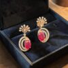 N-488-E (21) Pave 3.09 Cts Round Brilliant F/VS1 Diamonds Ruby Dangle Earrings 14K Rose Gold